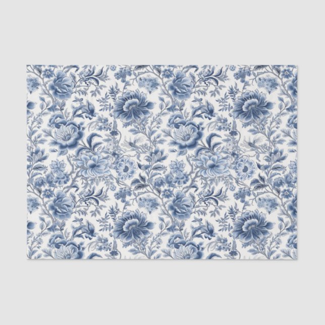 Papier Mousseline Chinoiserie Bleu Blanc Floral Fleurs Découpage (Recto)