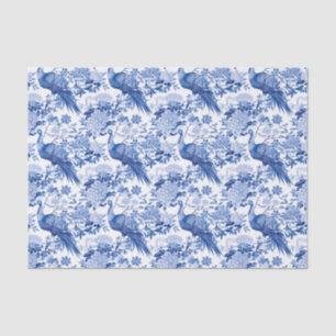Papier Mousseline Chinoiserie Bleu & Blanc Floral Oiseaux asiatiques