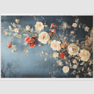 Papier Mousseline Chinoiserie bleu de minuit, florales sombres et lu