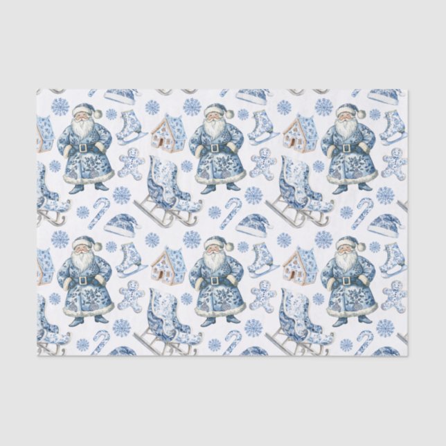 Papier Mousseline Chinoiserie bleue et blanche Noël Père Noël (Recto)