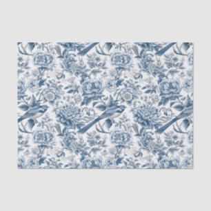 Papier Mousseline Chinoiserie Blue White Peony Floral Bird Découpage