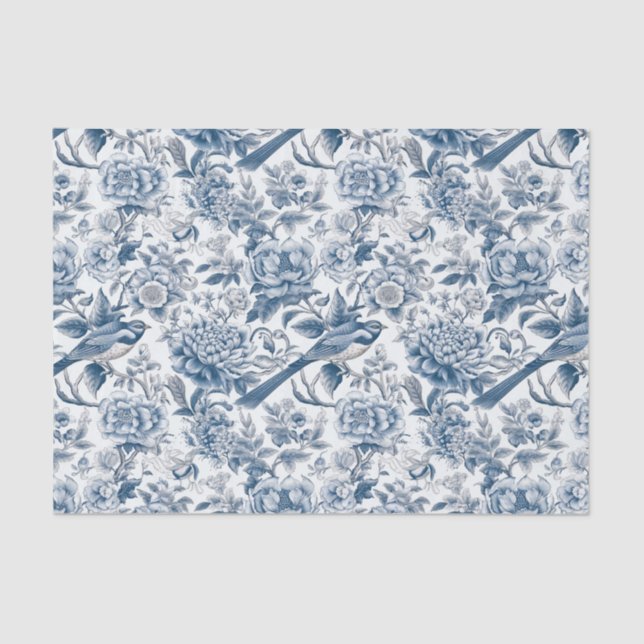Papier Mousseline Chinoiserie Blue White Peony Floral Bird Découpage (Recto)