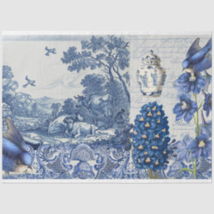 Papier Mousseline Chinoiserie Blue White Toile Floral Script Collage