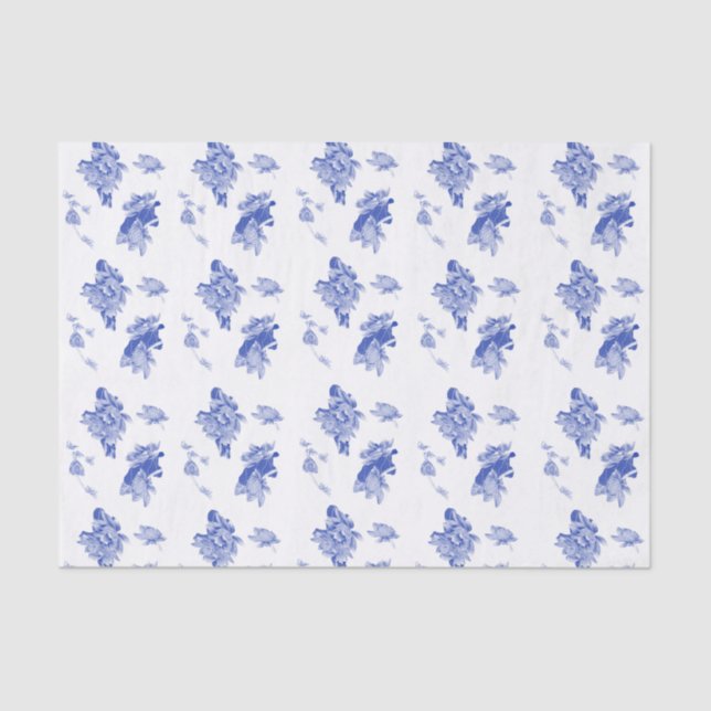 Papier Mousseline Chinoiserie classique Motif floral bleu chic (Recto)