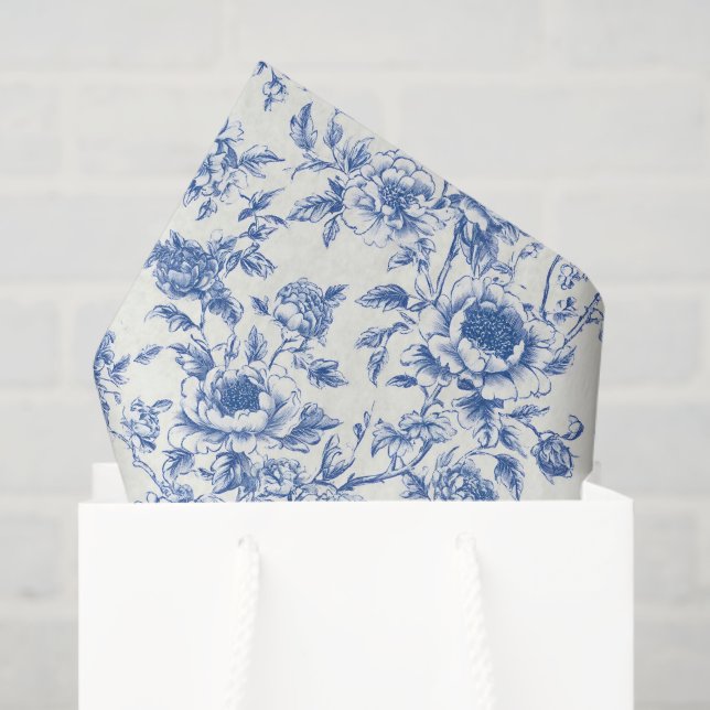 Papier Mousseline Chinoiserie Fleurs Bleues (Sac cadeau)