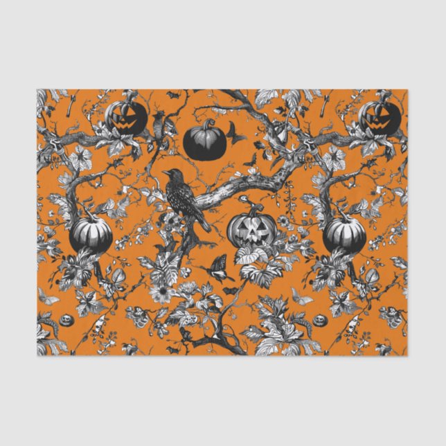 Papier Mousseline Chinoiserie Halloween Crow &Jack-O-Lantern Motif (Recto)