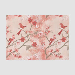 Papier Mousseline Chinoiserie Oiseau rouge Asiatique Fleurs roses Dé