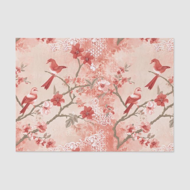 Papier Mousseline Chinoiserie Oiseau rouge Asiatique Fleurs roses Dé (Recto)
