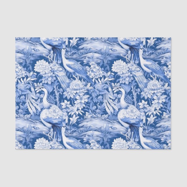 Papier Mousseline Chinoiserie Oiseaux Bleu Blanc Peinture Découpage (Recto)