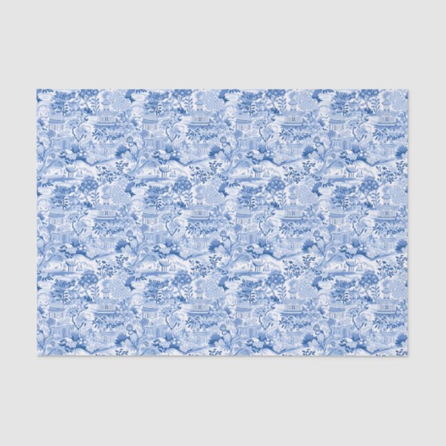 Papier Mousseline Chinoiserie Pagode Bleue & Blanche (Recto)