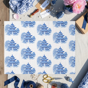 Papier Mousseline Chinoiserie Pagode Blue Willow