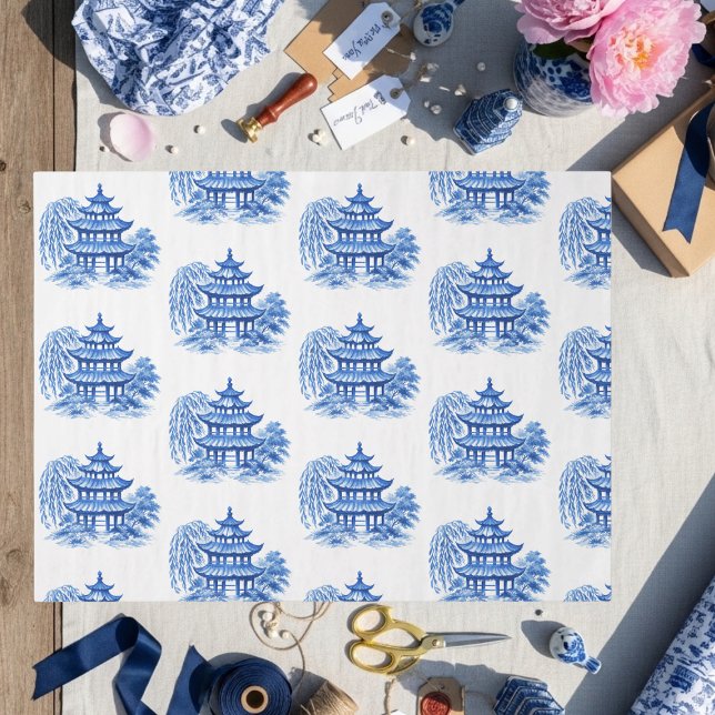 Papier Mousseline Chinoiserie Pagode Blue Willow (Chinoiserie Blue Willow Pagoda Tissue Paper)
