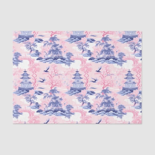 Papier Mousseline Chinoiserie Paysage asiatique Découpage bleu rose (Recto)