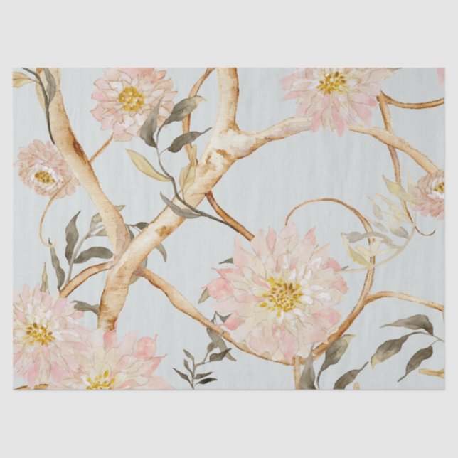 Papier Mousseline Chinoiserie Peony Floral Aquarelle Dusty Blue (Recto)