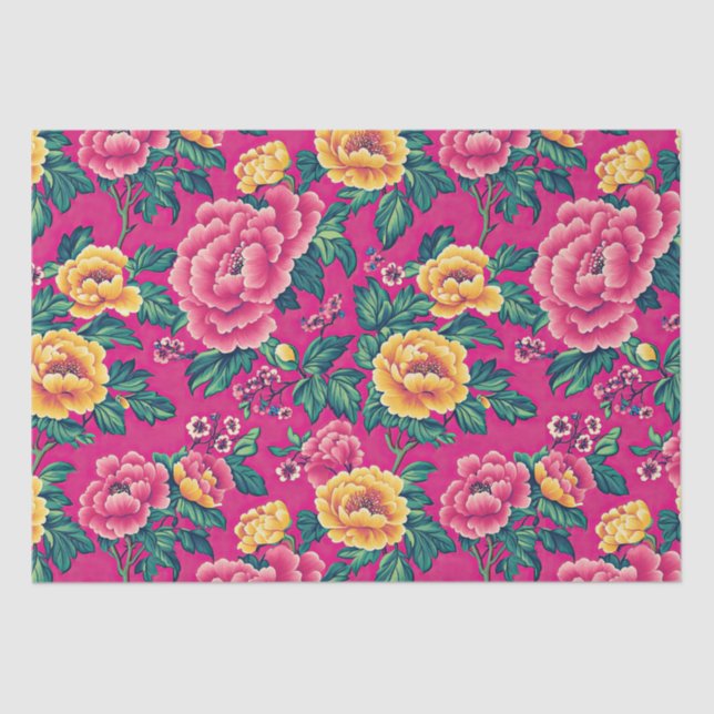 Papier Mousseline Chinoiserie rose et jaune brillant Floral (Recto)