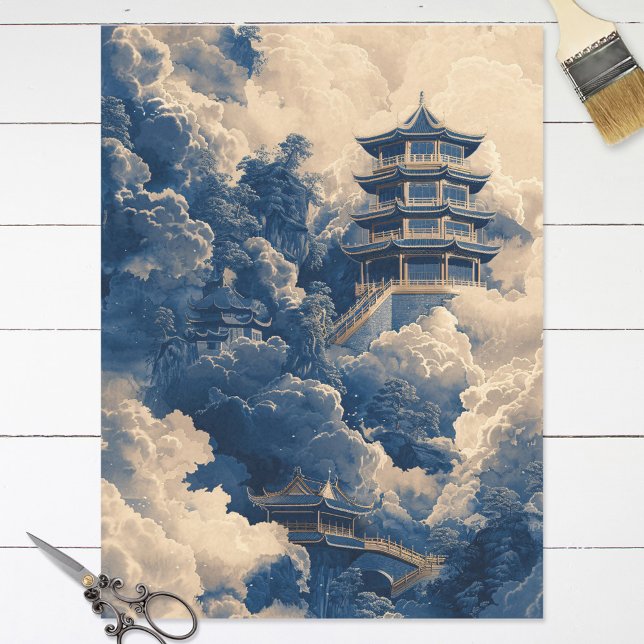 Papier Mousseline Chinoiserie Temple oriental Découpage bleu (Créateur téléchargé)