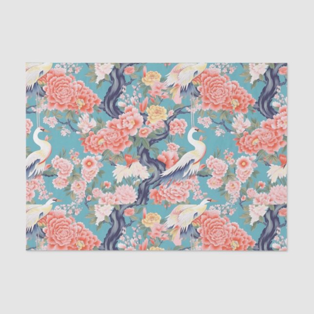 Papier Mousseline Chinoiserie Turquoise Floral Egret (Recto)