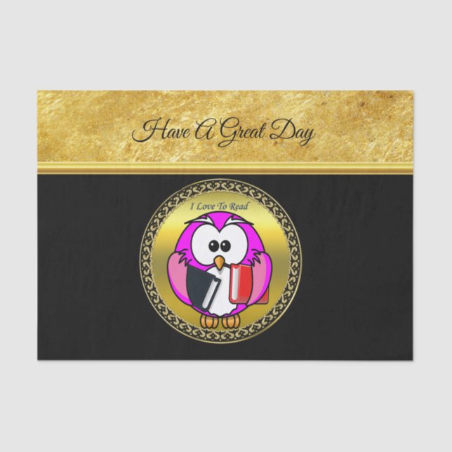 Papier Mousseline Chouette rose et blanche tenant des livres scolair (Recto)