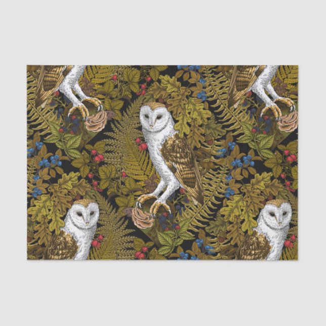 Papier Mousseline Chouettes, fougères, chênes et baies 2 (Recto)