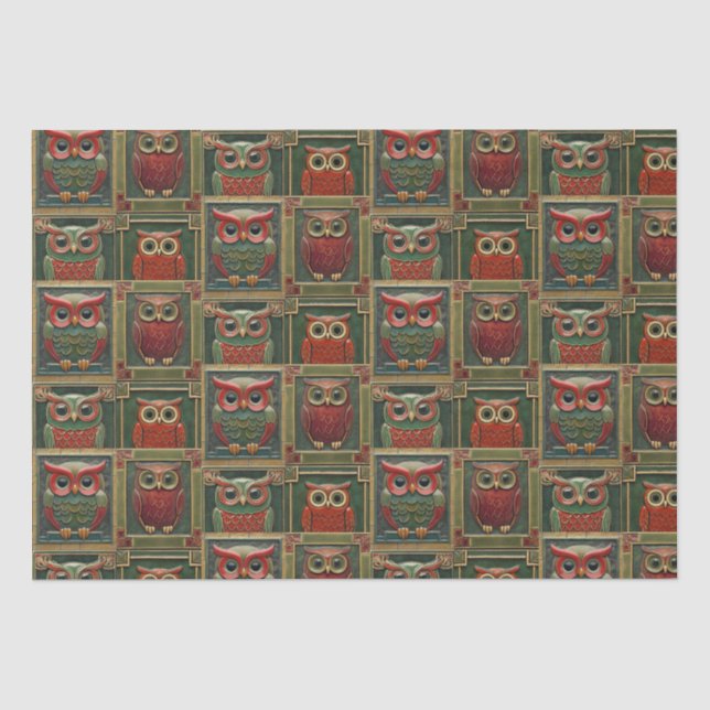 Papier Mousseline Chouettes vertes et rouges (Recto)