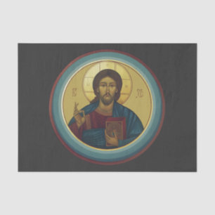 Papier Mousseline Christ Pantocrator byzantin Mosaïque ronde Art