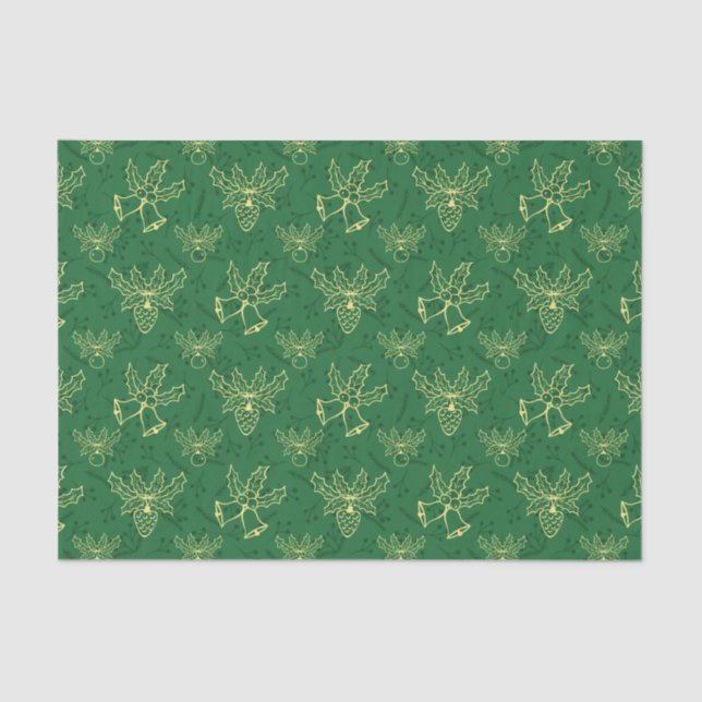 Papier Mousseline Christmas Bells Holly Berries Green Motif (Recto)
