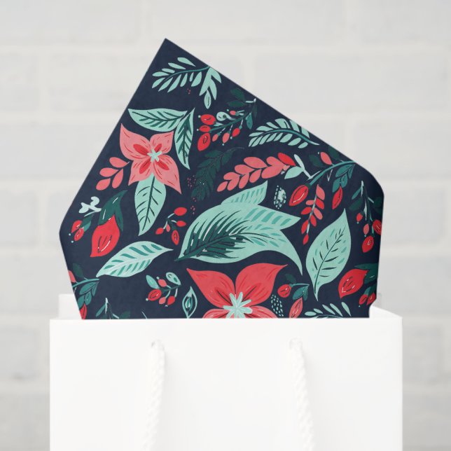 Papier Mousseline Christmas Blue Elegant Botanical Floral Holiday (Sac cadeau)