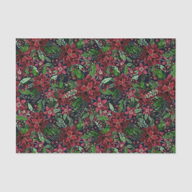 Papier Mousseline Christmas Burgundy Poinsettia Flowers Watercolor (Recto)