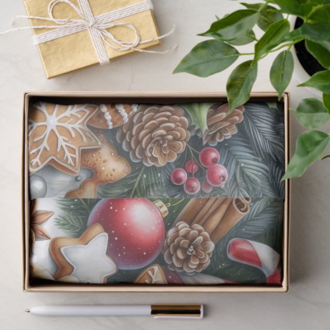 Papier Mousseline Christmas Cookies Pinecones and Greenery Festive  (Cadeau)