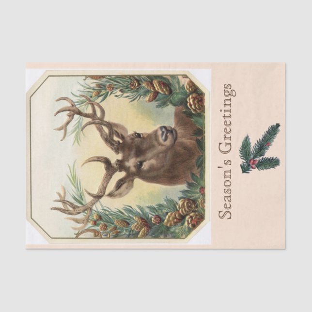 Papier Mousseline CHRISTMAS DEER, PINE CONES CROWN Bonnes Fêtes (Recto)