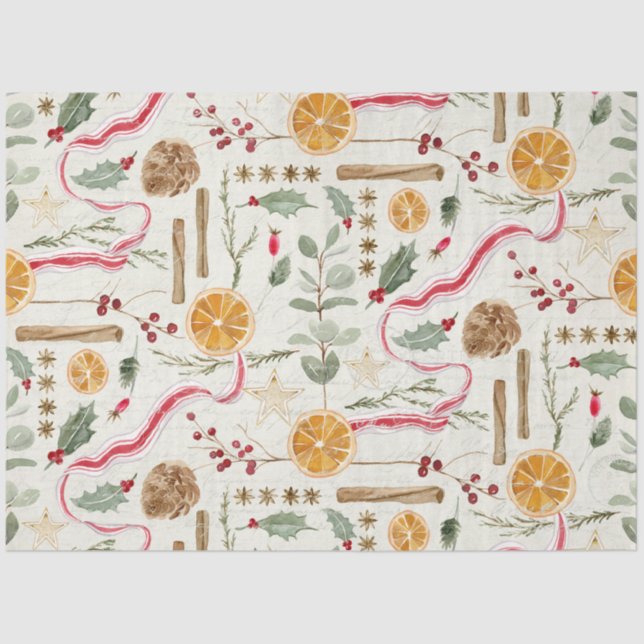 Papier Mousseline Christmas Holly Berry Cinnamon Orange Decoupage (Recto)