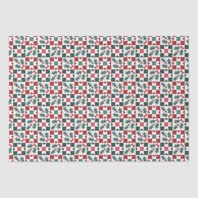 Papier Mousseline Christmas Holly Feuille Geo Quilt (Recto)