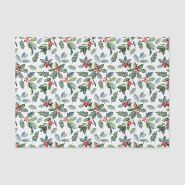 Papier Mousseline Christmas Holly Leaves and Berries on White (Recto)