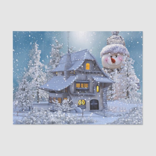 Papier Mousseline Christmas Party Winter White Snowman Blue Rustic (Recto)