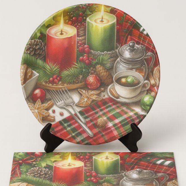 Papier Mousseline Christmas Red & Green Candlelight with Cookies (Decoupage Christmas Plate made from holiday designed tissue paper)