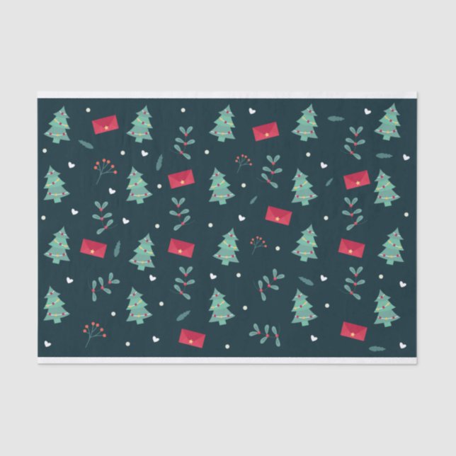 Papier Mousseline Christmas Trees et Holly Modern Pattern Dark Blue (Recto)