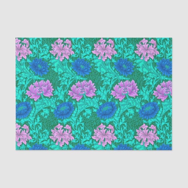 Papier Mousseline Chrysanthèmes, Aqua et violette de William Morris (Recto)