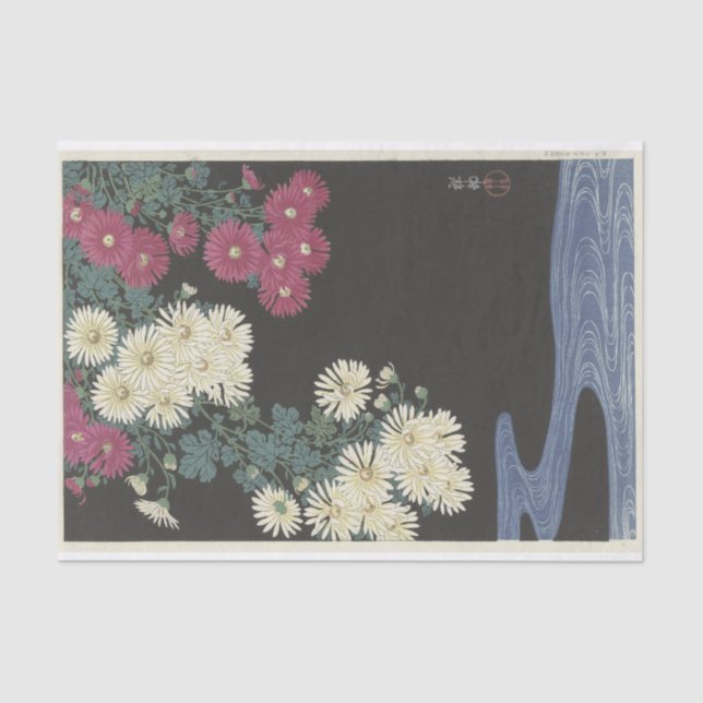 Papier Mousseline Chrysanthèmes et eau courante par Ohara Koson (Recto)