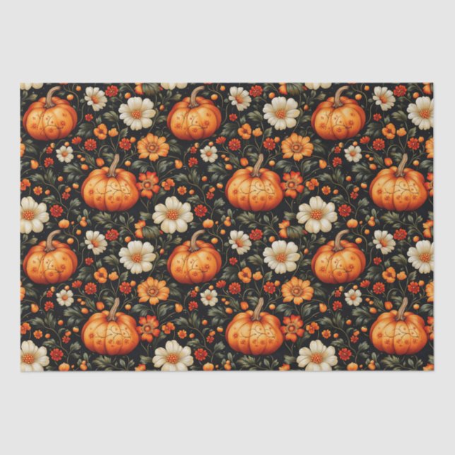 Papier Mousseline Chute Orange Citrouilles Et Florales (Recto)