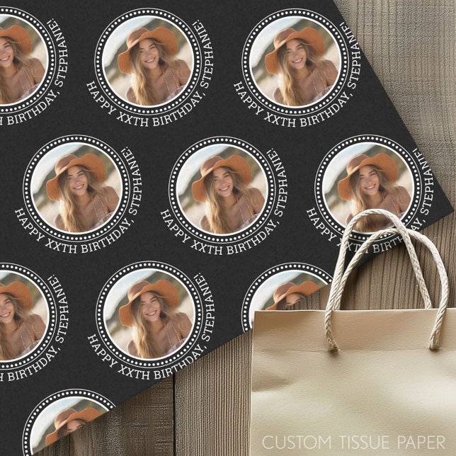 Papier Mousseline Circle One Photo Happy Birthday Greeting - Noir (Custom Photo Tissue Paper)