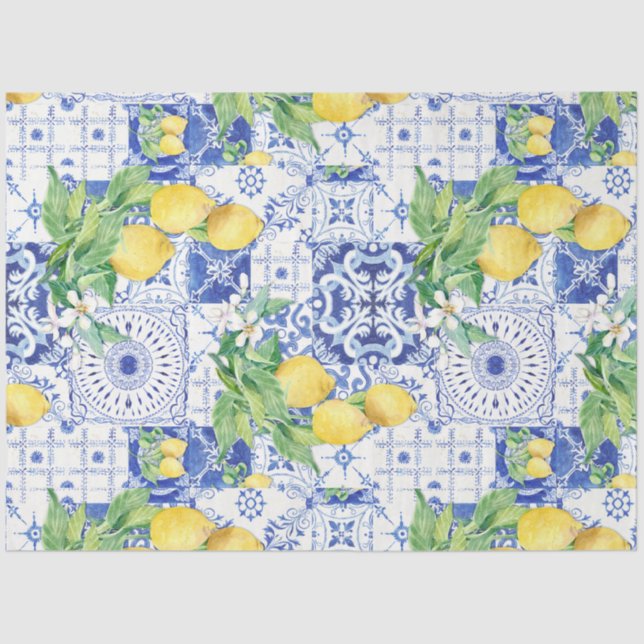 Papier Mousseline Citron Farmhouse Bleu n Carrelage blanc Découpage (Recto)