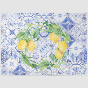 Papier Mousseline Citrons Bleu Blanc Rustique Ferme Carrelage Découp