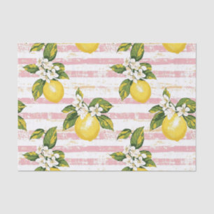 Papier Mousseline Citrons et fleurs vintages sur bandes rose et blan