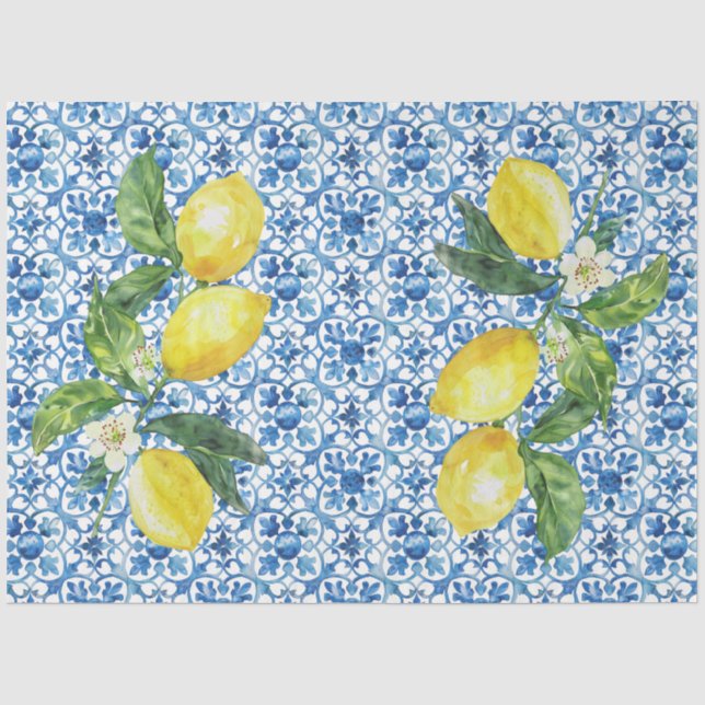 Papier Mousseline Citrons italiens découpage de carreaux bleus et bl (Recto)