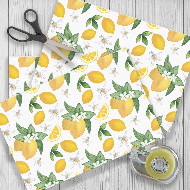 Papier Mousseline Citrons jaunes Feuille Fleurs blanches rustiques (Lemon gift wrapping / decoupage tissue paper)