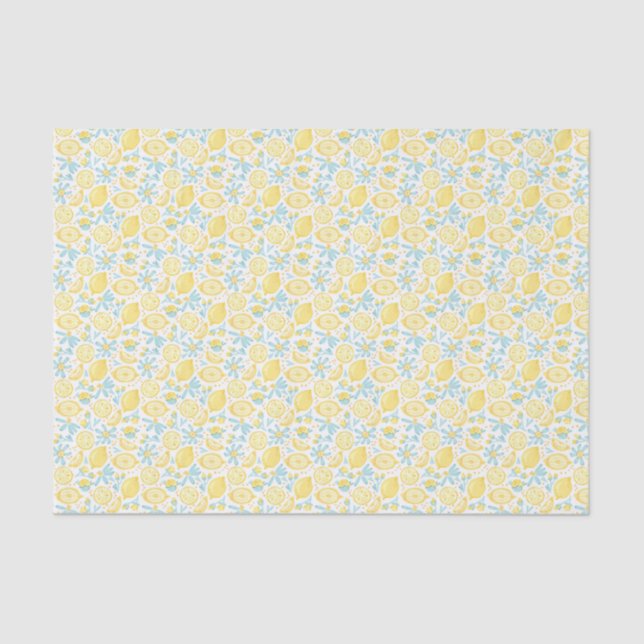 Papier Mousseline Citrons jaunes & Fleurs bleues pastel Motif (Recto)