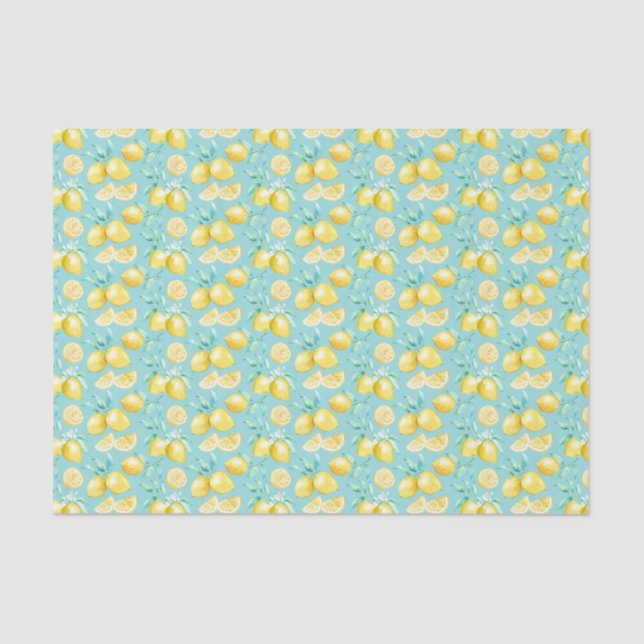 Papier Mousseline Citrons jaunes sur bleu clair (Recto)