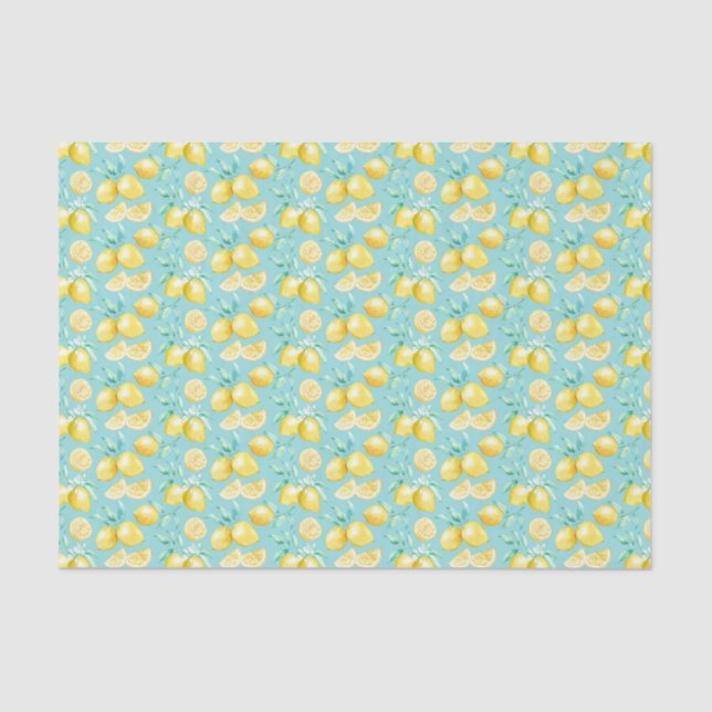 Papier Mousseline Citrons jaunes sur fond bleu clair (Recto)