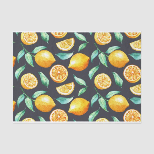Papier Mousseline Citrons orange Feuilles vertes sur fond noir (Recto)