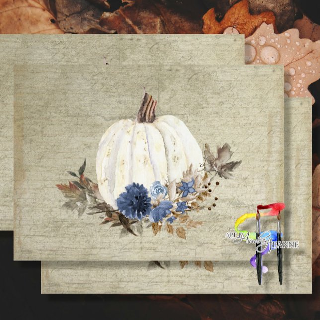 Papier Mousseline Citrouille Automne Marine Bleu Floral Script Bois  (Créateur téléchargé)